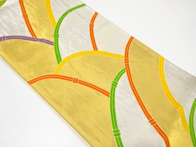 アンティーク　竹青海波模様織り出し袋帯（着用可）